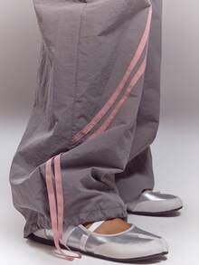 MUSERA Quần ống rộng cạp trung kẻ sọc bên hông kiểu quần dù, mùa xuân hè, dễ thương, gợi cảm, phong cách đường phố, đi chơi đêm, kiểu quần ballet. - Xám - Xem 6