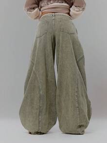 MUSERA Low Rise Stitch Detail Baggy Barrel Leg Washed Denim Jeans Streetwear Coolgirl Winter Sexy Casual Odd Drift - Army Green - View 4