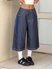 StreetHx 时尚休闲街头风条纹低腰阔腿七分牛仔裤 - 中等水洗藍 - 查看 5