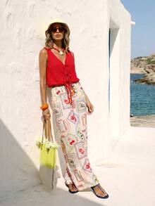 Vivid Eden 女士V领抽绳腰松紧腰艺术方格印花无袖宽松连体裤，休闲度假，春夏款 - 彩色 - 查看 12