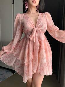 DAZY French Style Pink Floral V-Neck Long Sleeve Dress, Tie-Waist Chiffon A-Line Mini Dress, Spring - Baby Pink - View 4
