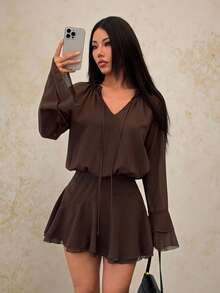 SHEIN PETITE 巧克力色荷叶边系领长袖伞裙迷你连衣裙 – 波西米亚秋季时尚，荷叶边袖连衣裙，系领连衣裙，长袖迷你连衣裙，波西米亚秋季穿搭，伞裙连衣裙，棕色秋季时尚，搭配过膝长靴，女士度假休闲纯色喇叭袖短裙 - 棕色 - 查看 7