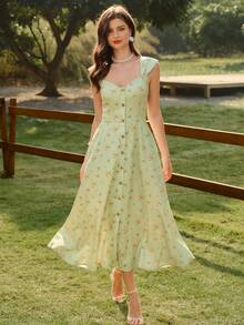 Vintamour Vintage Classic Elegant Floral Print Fit & Flare Dress With Wide Straps, Flared Hem And Buttons, Green Dress For Women, Spring/Summer - Gray green - View 1