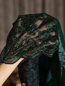 SHEIN Lace Patchwork Faux Silk Sexy Women's Spaghetti Strap Slip Dress, Satin Finish Deep Green - Green - View 8