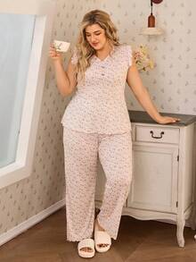 CottageSlumber Plus Size Women Casual Ditsy Floral Cap Sleeve Top And Pants Pajama Set - Red and White - View 8