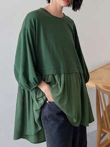 FRIFUL Women's Loose Fit Round Neck Casual T-Shirt With Drop Shoulders, Summer,Ruffle Oversized T-Shirt - Green - View 11
