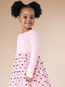 SUMWON Robe ajustée et évasée à manches longues avec jupe en tulle imprimé nœud pour jeunes filles, tenue décontractée pour le printemps et l'été, idéale pour les vacances - Rose bonbon - Voir 4
