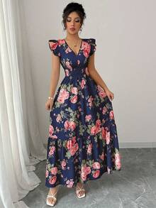 Rafferiza Women's Romantic Floral Print V-Neck Cap Sleeve Dress, Vacation Style - Navy Blue - View 5