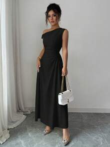 Elenzga 春夏新款优雅女士黄色单肩斜领长款收腰休闲连衣裙，适合海滩、约会、派对、日常外出、晚餐等场合。 - 黑色 - 查看 4