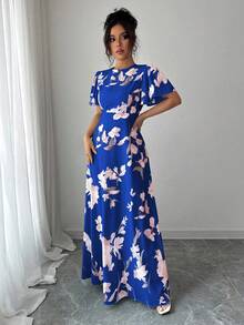 Elenzga Ruffle Sleeve Round Neck Waist Cinched Digital Print Elegant Romantic Women Dress - Royal Blue - View 5
