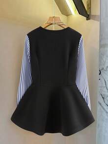 GlowEve 女士新款条纹拼接圆领长袖收腰时尚休闲衬衫 - 藍色 - 查看 2