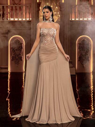 Glamrae 优雅奢华亮片钻石性感抹胸美人鱼拼接弹力针织网纱长裙，适合婚礼、单身派对、度假、舞会、正式场合。