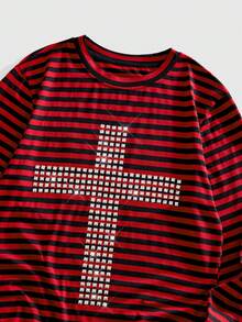 ROMWE MEN Goth Spring Casual Graphic Red Men'S Striped Rivet Cross Slim Fit Long Sleeve T-Shirt - Burgundy - View 4