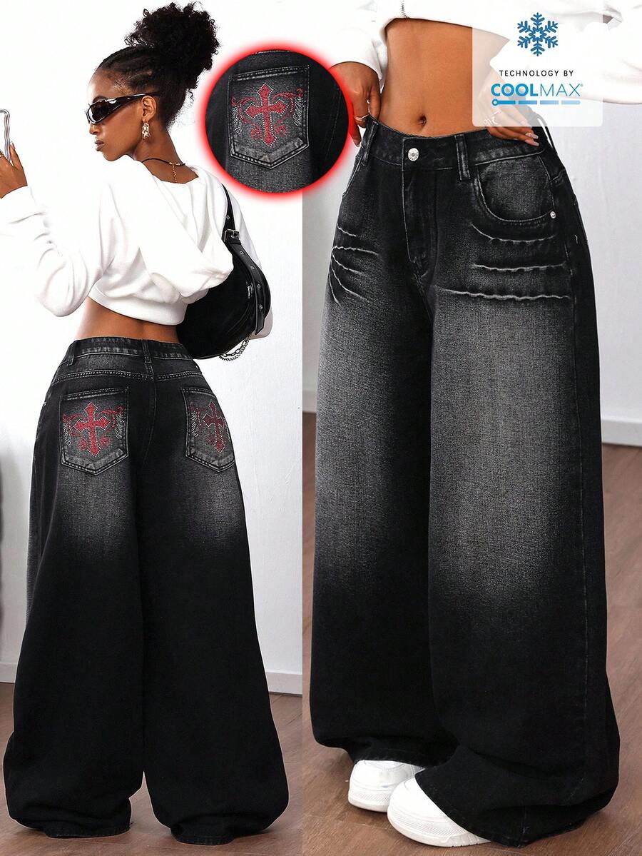 SHEIN ICON 女士交叉图案时尚腰带环宽松牛仔裤 - 黑色 - 查看 1