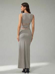 SHEIN Tall Robe longue élégante pour femmes avec dentelle et coutures séduisantes, robe moulante grise d'été avec découpes ajourées, tenue de soirée pour bar et fête, robe du Nouvel An, pour femmes grandes - Gris - Voir 2