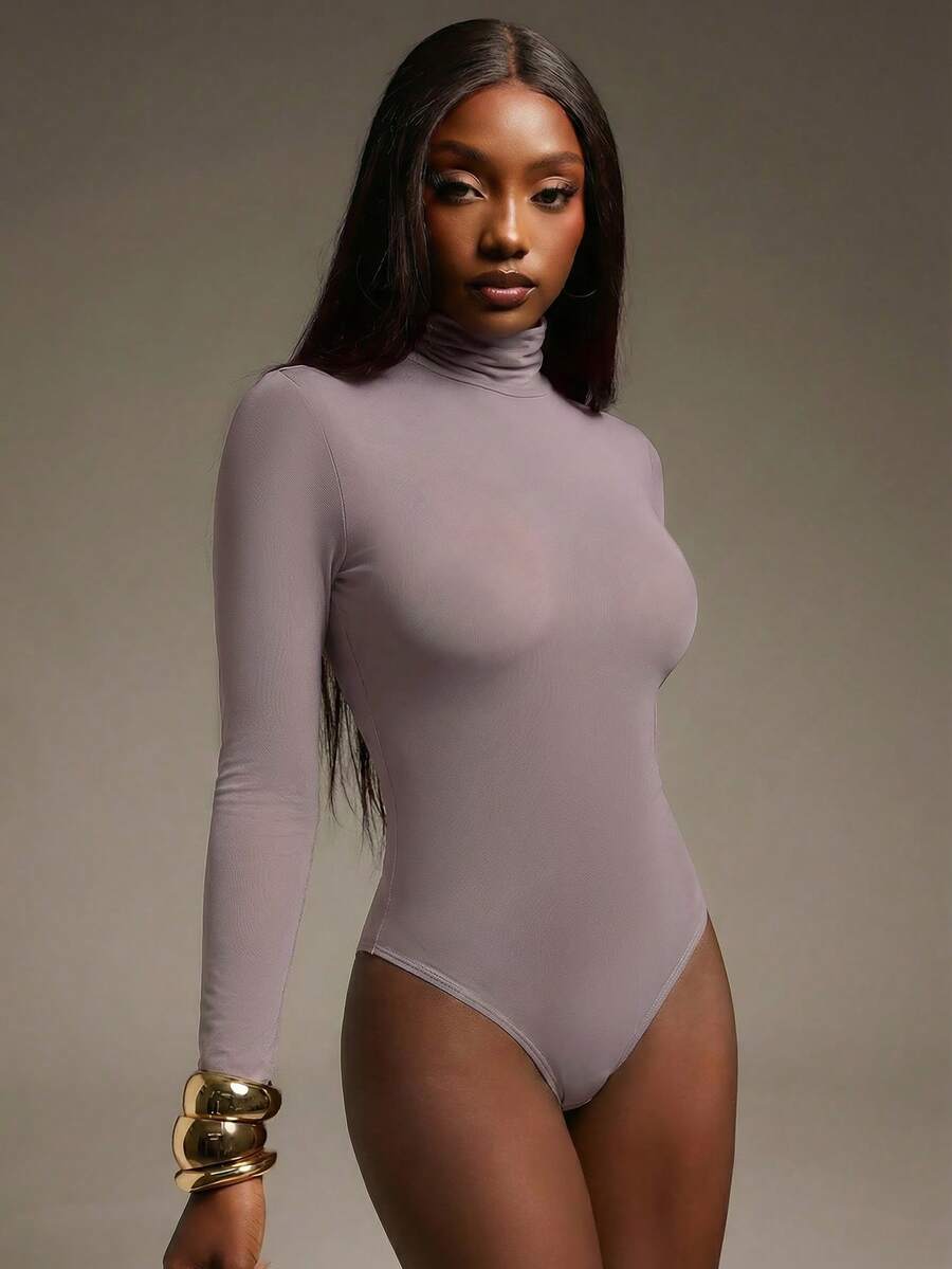 Hauture Fall Sexy Mob Wife Party Stretch Sheer High Neck Collared Extra Long Sleeve Bodysuit - Purple - View 1