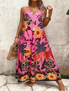 SHEIN Holidaya Women's Hot Pink Boho Long Cami Dress With Random Print Sleeveless Spaghetti Strap Design Flared Hem Casual Summer Resort Wear - Hot Pink - View 7