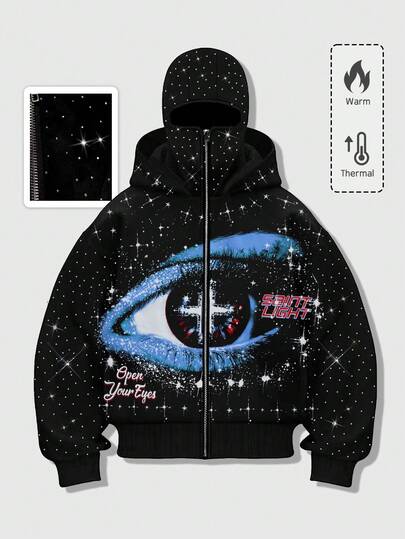 Street Life جاكيت بطبعات جرافيك مرصعة بالراين ستون بطراز بانك وشارع للرجال، خريف/شتاء