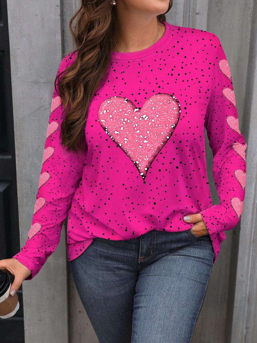 EMERY ROSE Plus Size Women Heart Pattern Print Round Neck Long Sleeve T-Shirt, Ladies Top Pink Long Sleeve Top - Multicolor - View 1