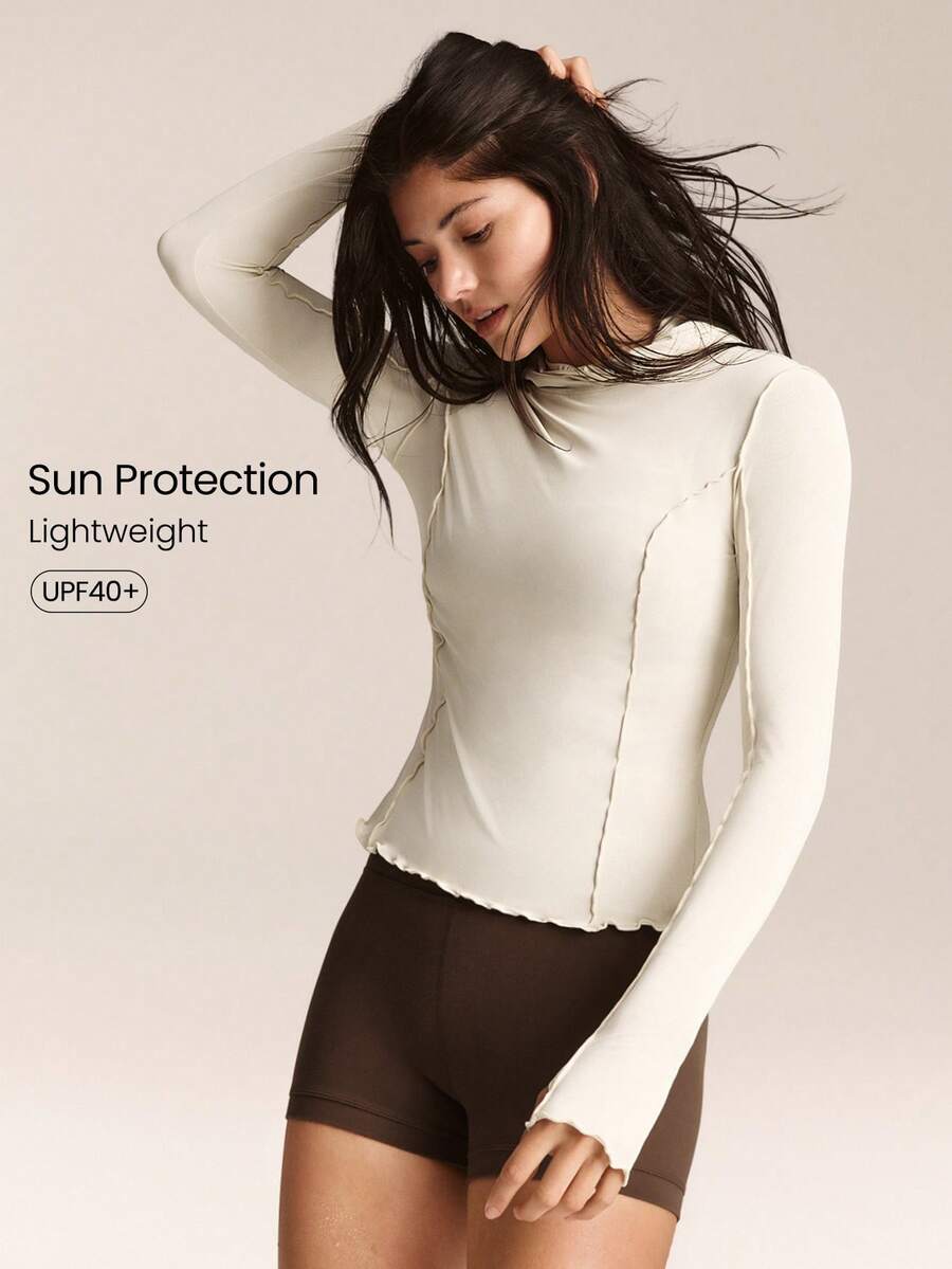 GLOWMODE Áo thun dài tay có mũ, dài đến eo, dáng regular fit, chất liệu gân nổi, chống nắng, viền ren ở gấu áo, có lỗ xỏ ngón tay cái, thích hợp mặc hàng ngày. - trắng - Xem 1