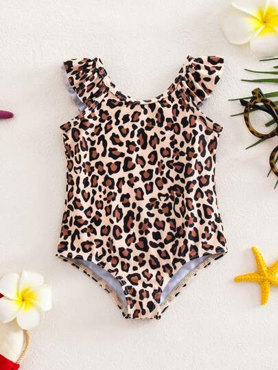 SHEIN 新生儿豹纹连体泳衣，适合户外旅行、游泳、温泉、海滩、冲浪、度假、春夏穿着