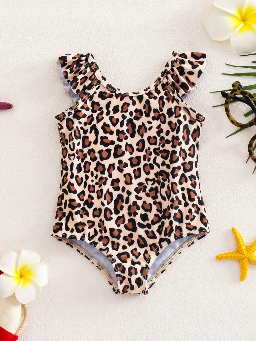 SHEIN 新生儿豹纹连体泳衣,适合户外旅行、游泳、温泉、海滩、冲浪、度假、春夏穿着 - 卡其色 - 查看 1