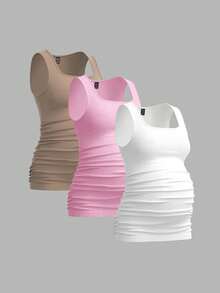 Modmama 3pcs Maternity Women's Solid Color Slimming Tank Tops, Casual & Simple, Perfect For Summer - Black and White - View 4