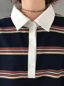 FRIFUL Áo thun polo cổ rộng dáng suông kẻ sọc vai rớt dành cho nữ - Màu xanh lam - Xem 7