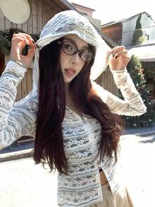 DAZY 韩版女士蕾丝透视小众修身连帽拉链外套 - 灰色 - 查看 7