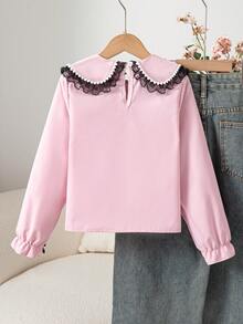 Genkimix Kids Tween Girl Fashionable & Sweet Lace Trim Bow Decor Blouse - Pink - View 2