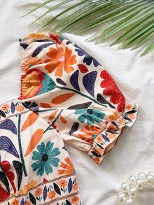 Soleia 女士绿白印花方领泡泡袖收腰阔腿连体裤，度假款 - 彩色 - 查看 3