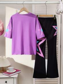 SHEIN 2件套少女KPOP女团印花宽松T恤+针织喇叭裤，休闲时尚百搭，适合派对、郊游、与朋友拍照、公园、露营、度假、日常休闲穿着 - 黑色 - 查看 2