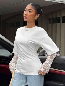 Muchica Women's White Knit Waist Design Contrast Lace 2 In 1 T-Shirt For Going Out Outfits, Streetwear, Y2K Clothes, White Top With Lace Sleeves - White - View 7