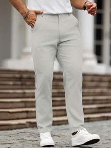 Manfinity Homme Men's Solid Color Casual Dress Pants - Light Grey - View 5