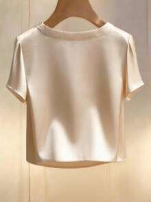 GlowEve Women's Elegant Beaded Short Sleeve Satin Blouse, Casual For Holiday, Daily, Work, Date, Party, Office Wear - Apricot - View 2