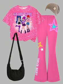 一套少女休闲时尚韩流偶像人物发光字母印花短袖T恤和星形图案喇叭裤套装，适合夏季外出穿着。 - 彩色 - 查看 6