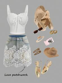 SHEIN MOD Women's Fashion Lace Decorated Denim Mini Skirt Summer Holiday Outfits Spring Outfit Women Valentine Outfits For Women Carnival Costumes Beach Skirt Vacation Outfits Women Holiday Skirt Floral Skirt White Skirt Women's Light Wash Denim Mini Skirt With Elegant White Floral Lace Overlay Design - Light Wash - View 1