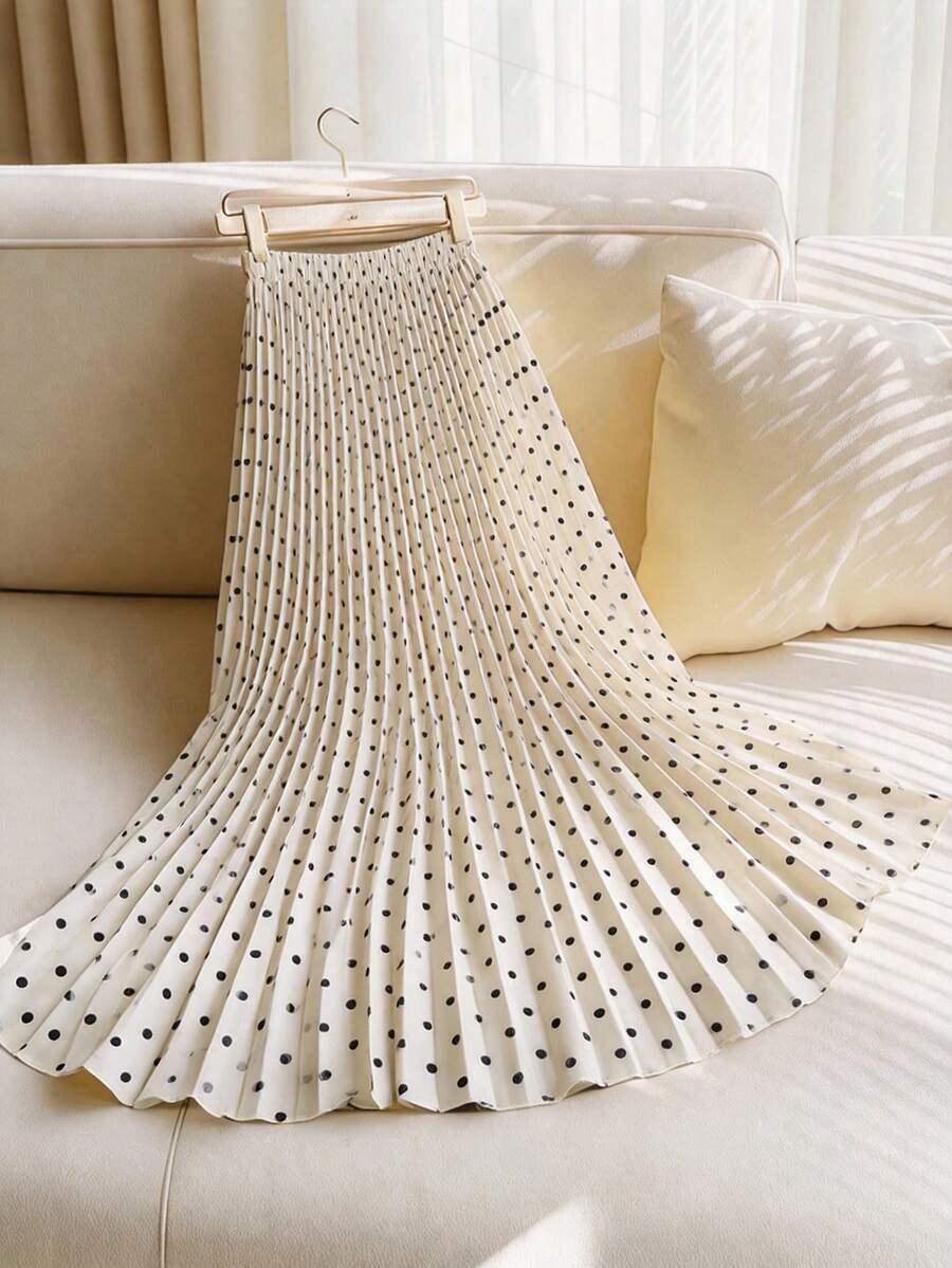 GlowEve Elegant Polka Dot Pattern Pleated Apricot Women's Skirt, Everyday Wear - Apricot - View 1