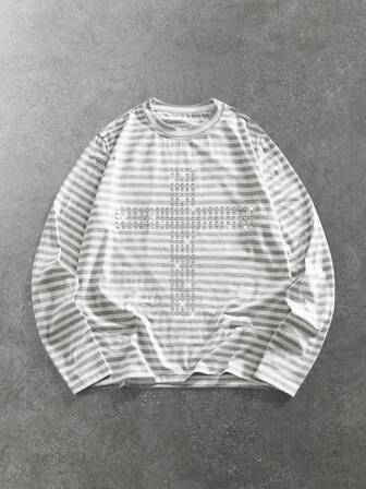 Goth Camiseta de manga larga de corte slim con rayas y remaches para hombre