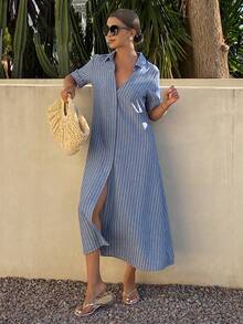 DAZY Women's Casual Striped Shirt Dress With Belt, Spring/Summer Wedding Guest Dress - Blue - View 1