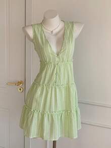 Comfortcana Women's Plaid V-Neck Button Design Frill Trim Sleeveless Mini Dress - Green - View 1