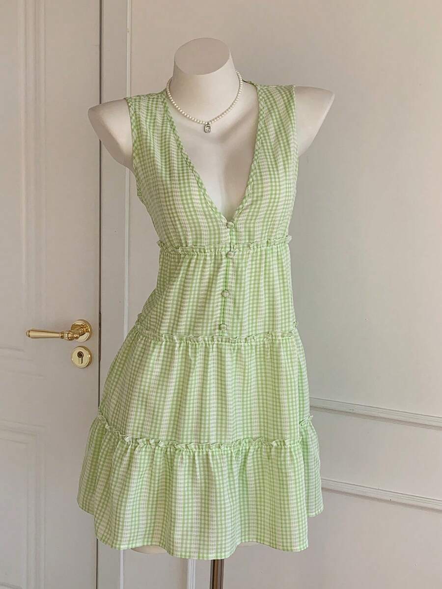 Comfortcana Women's Plaid V-Neck Button Design Frill Trim Sleeveless Mini Dress - Green - View 1