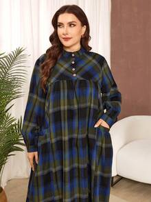 Al Najma Plus Size Women's Casual Plaid Print Stand Collar Long Sleeve Pocket Loose Dress, Suitable For Spring And Autumn - Multicolor - View 5