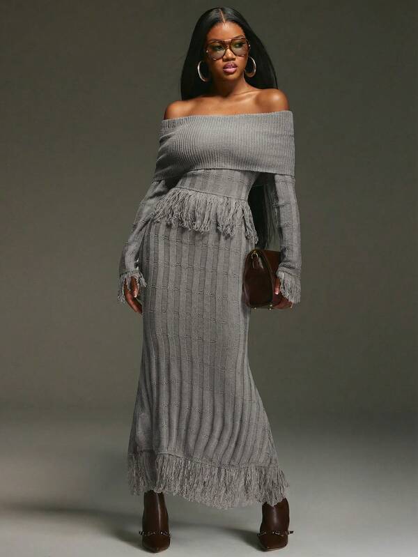 NYA SZN 针织流苏连衣裙，大胆性感，优雅得体，适合早午餐、特殊场合、酷女孩、Y2K复古风、圣诞节、新年、跨年夜、秋冬季，也适合通勤穿着，是女士的理想之选。