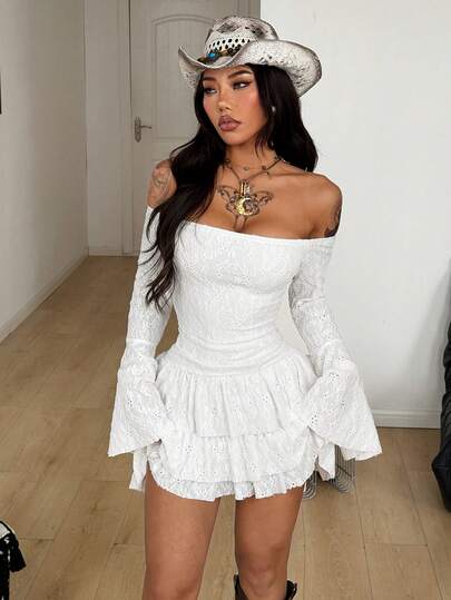 Coolane Women's Spring/Summer Streetwear Hippie Boho Beach Outfits Vacation Outfits Spring Break Outfits Fairycore Long Sleeve Off The Shoulder White Lace Mini Ruffle Dress