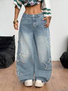Coolane Damskie dżinsy typu raper Athleisure w stylu grunge z wzorem gwiazdy - Jasny jeans - Zobacz 4