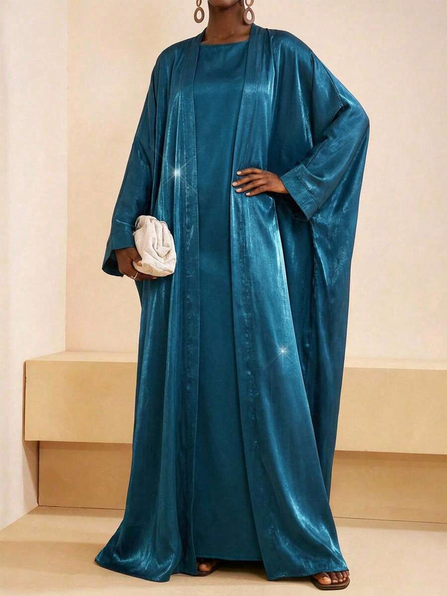 Zivah 2025秋冬新款优雅通勤休闲蓝绿色长袖宽松吊带长裙+和服式上衣两件套，适合日常出行、聚会、派对、约会、婚礼宾客装扮、新年、节日、夜店、俱乐部、旅行、早午餐、购物、晚餐等场合。