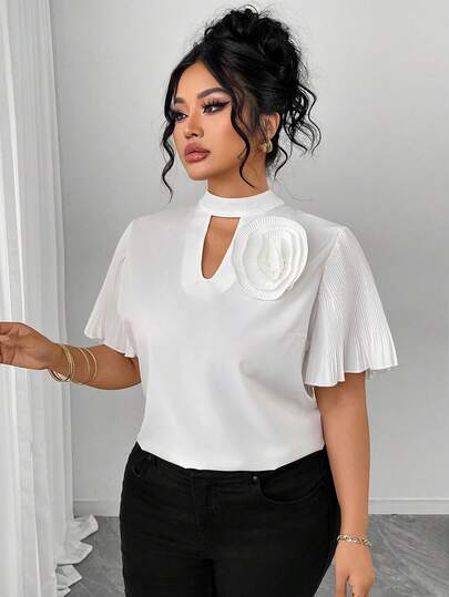 SHEIN Elenzya 大码女式梭织常规早春优雅约会/通勤碎花七分袖褶皱白色衬衫