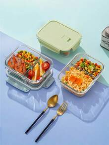 1pc Glass Meal Prep Containers, Transparent Microwave Rectangular Food Storage Boxes, Lunch Box For Office Workers, Home Use - Green - View 6