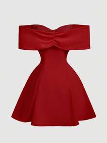 SHEIN Vestido de cóctel mini de línea A con hombros descubiertos, lazo y cuentas para adolescentes - Rojo - Ver 2